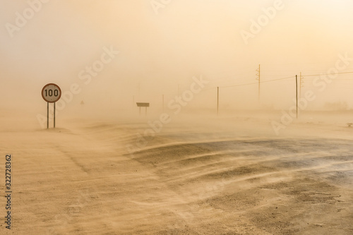 Sandstorm near Swakopmund in Namibia in Africa.