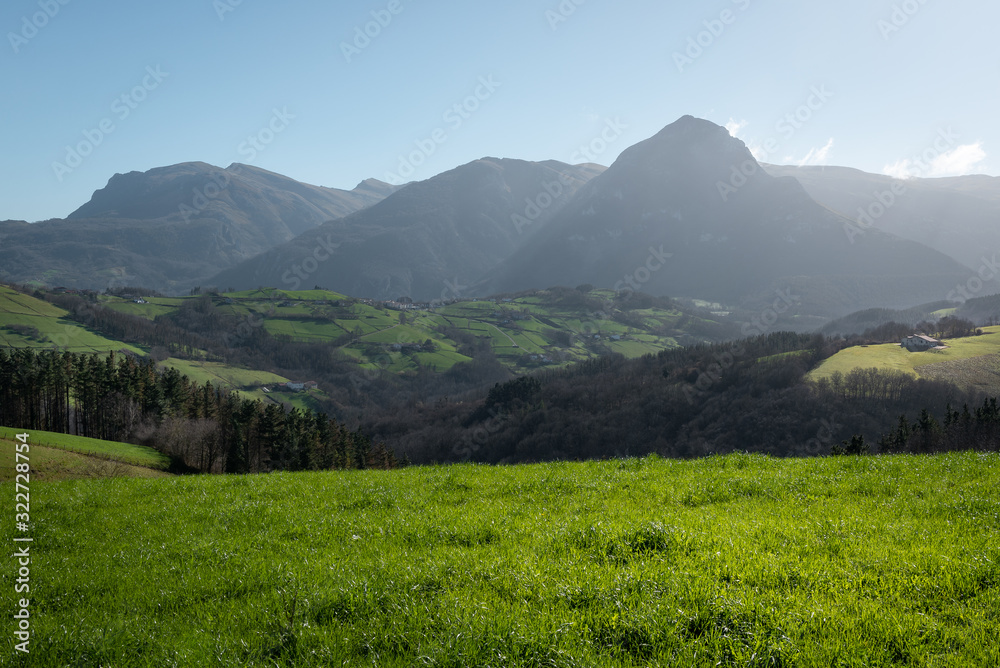 Fototapeta premium Panorama of Goierri with Txindoki mountain as background, Basque Country, Spain