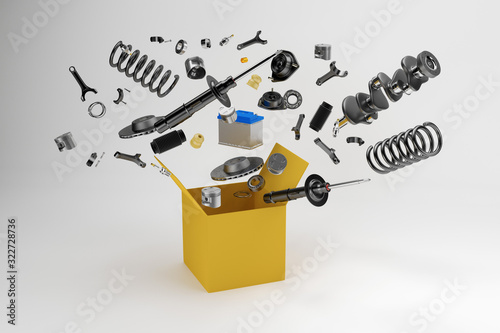 Many spare parts flying out of the box gray background. Isolated auto spare parts on gray background. Auto spare parts for passenger car, OEM. 3D rendering