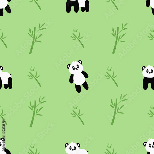 Seamless pattern with cute cartoon panda and bamboo. Vector illustration.