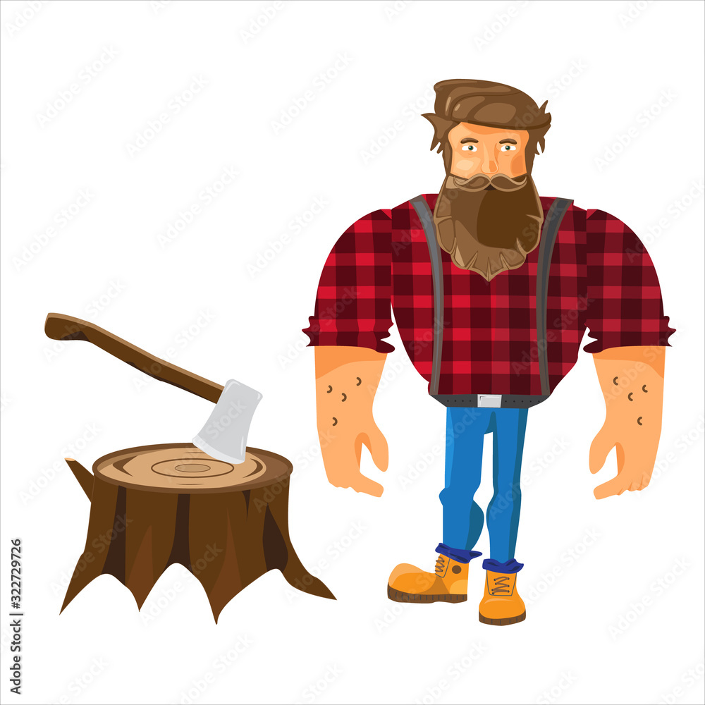 Lumberjack bearded man in red checkered shirt with axe on a stump ...
