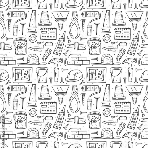 Home repair tools, instruments cartoon cute hand drawn doodle vector seamless pattern, texture, backdrop. Funny monochrome design. Isolated on white background. Building decorative design elements.  