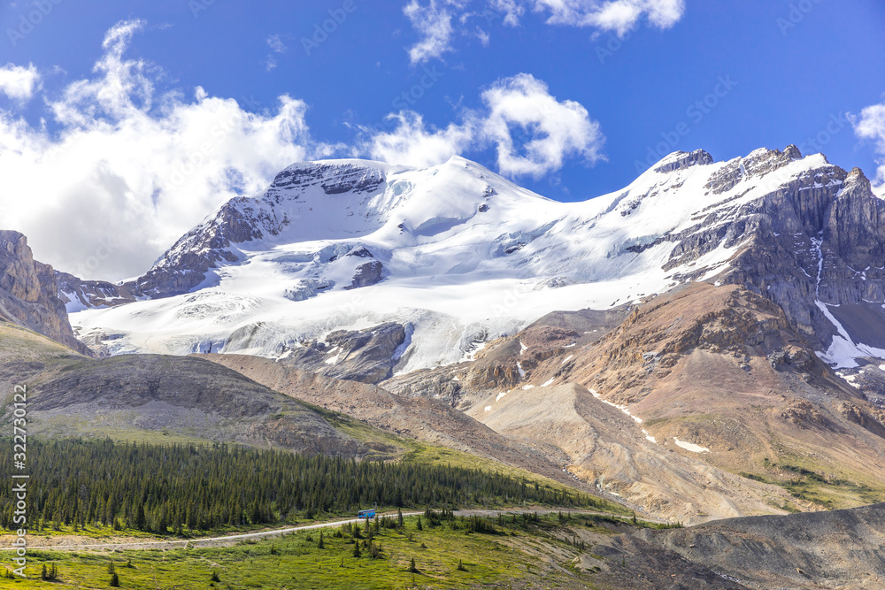 View of Mount Athabasca and Mount Andromeda with glaciers in summer time at Icefileds Parkway, Alberta, Canada