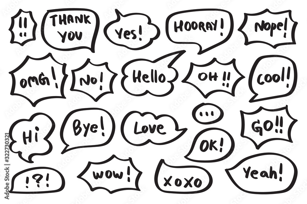 Fototapeta Hand drawn set of speech bubbles with dialog word. Vector illustration.