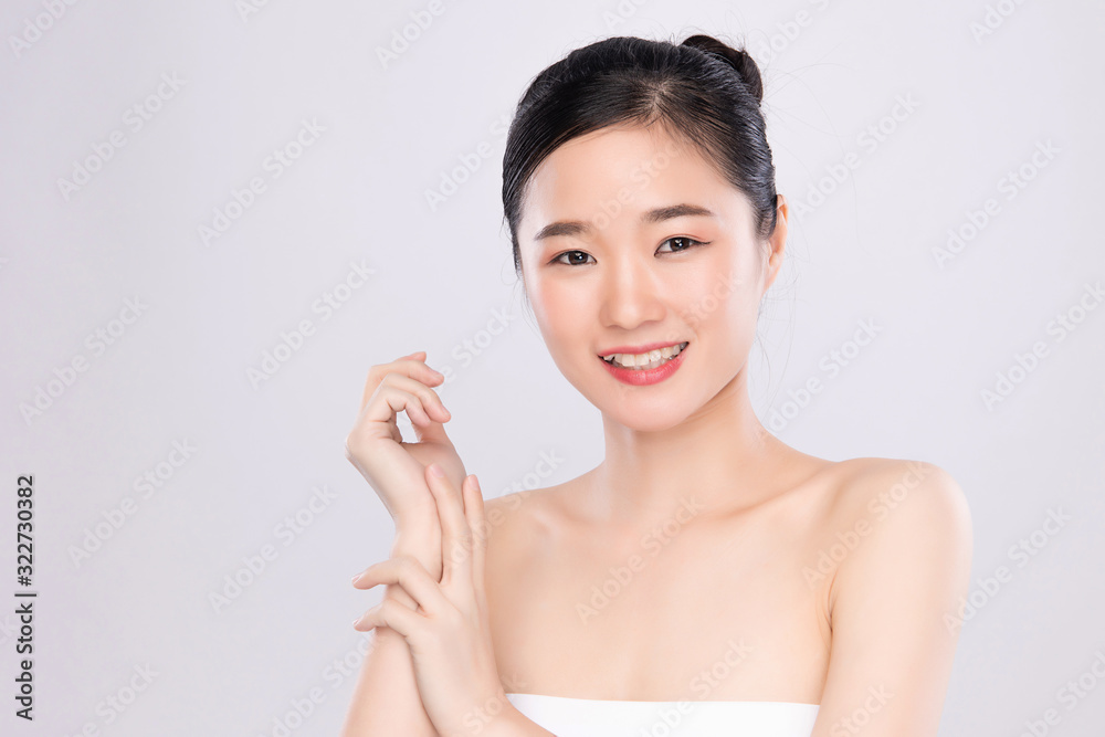 Portrait beautiful young asian woman clean fresh bare skin concept. Asian girl beauty face skincare and health wellness, Facial treatment, Perfect skin, Natural makeup, on white background,two