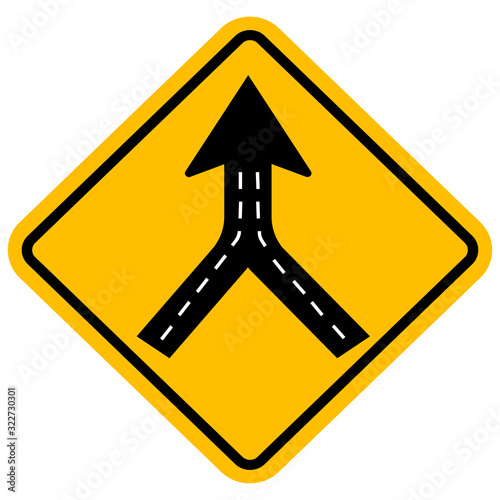 Warning sign two way road merge. Traffic symbol. Yellow background.