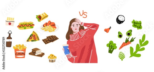 Female cartoon character dieting and healthy eating.Woman choosing between healthy and unhealthy food concept flat vector illustration. Fastfood vs balanced menu comparison isolated clipart. 