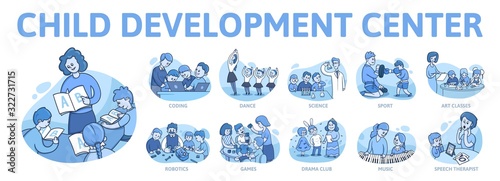 Child Development Center activities set. Art school, child development, kids club and education banner template with text. Flat style vector illustration. Isolated on white background.