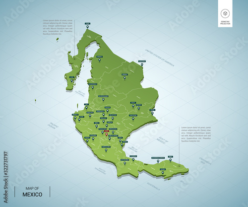 Stylized map of Mexico. Isometric 3D green map with cities, borders, capital, regions. Vector illustration. Editable layers clearly labeled. English language.
