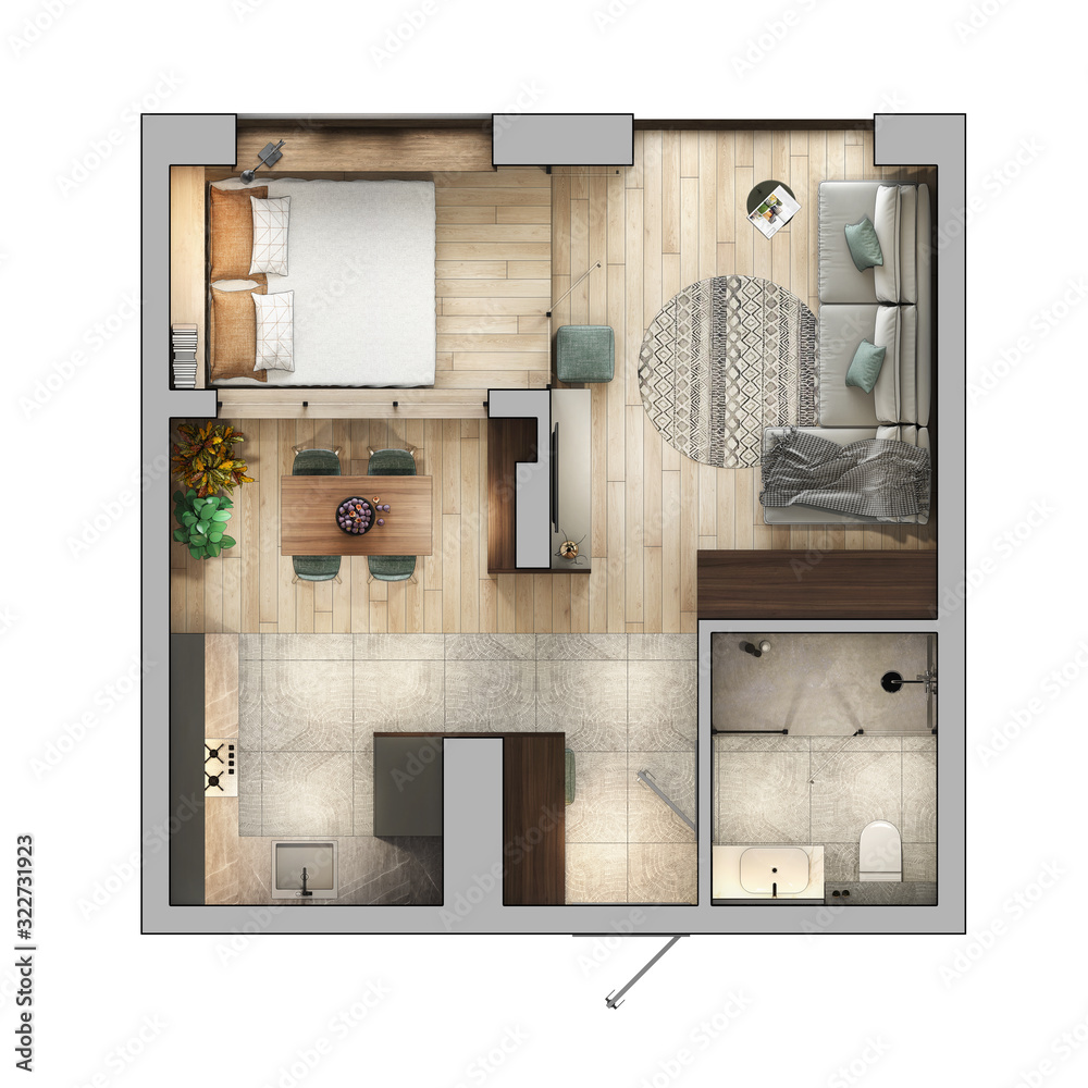 Small apartment with a spacious layout. Top view. Project of a studio  apartment of 50 square meters. Stock Illustration | Adobe Stock