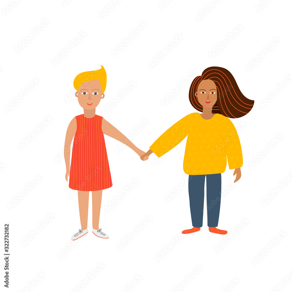 Girl Woman holding hands character illustration Girl Woman holding hands character illustration
