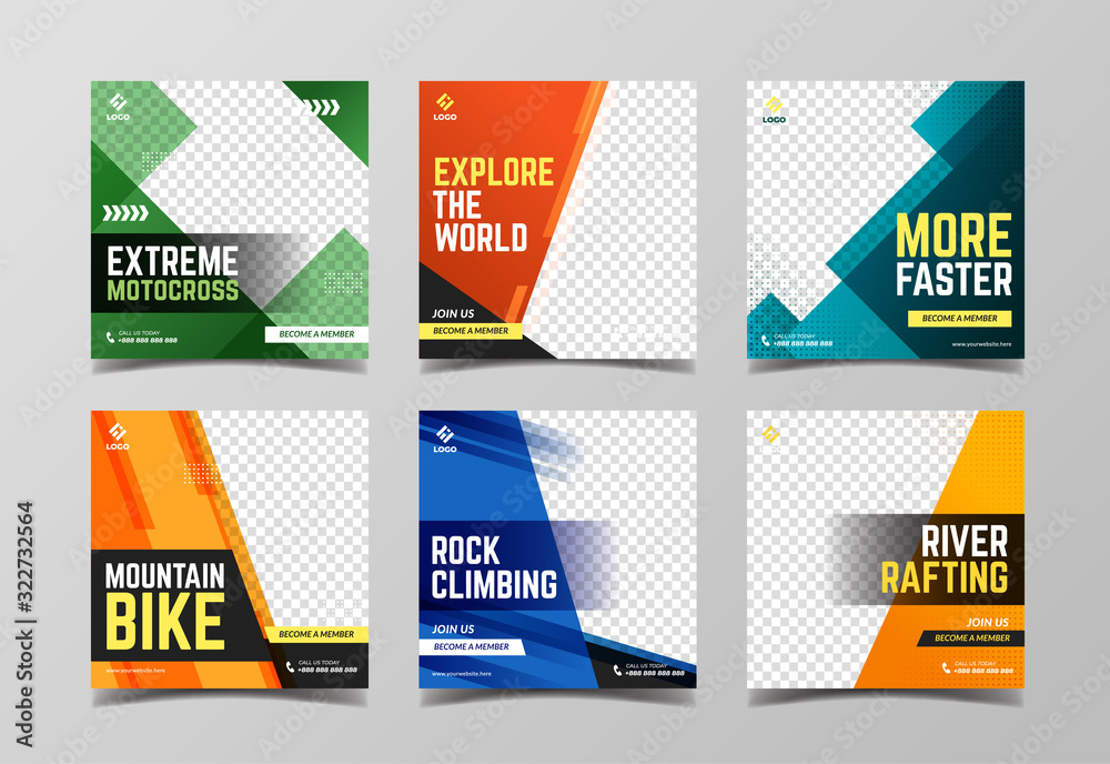 Extreme sport social media post template. Adventure, mountain climbing and motocross banner