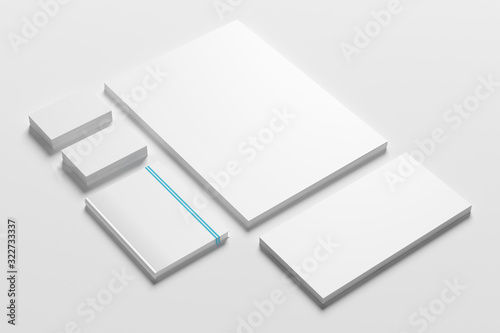 Blank identity stationery set isolated on white. Mockup concept for graphic designers presentations and portfolios. 3d render.