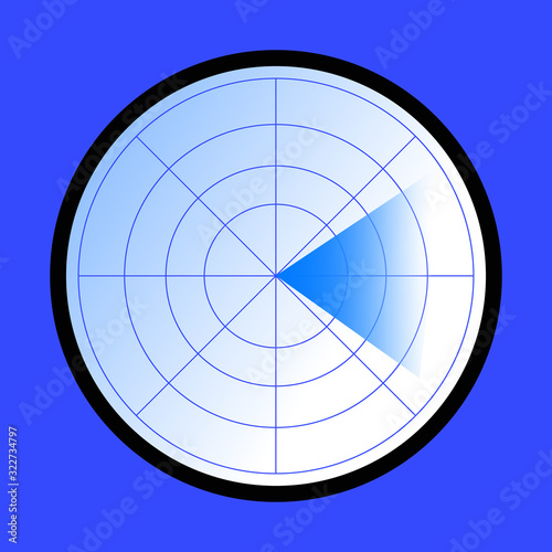 White and blue gradient radar icon on blue background.