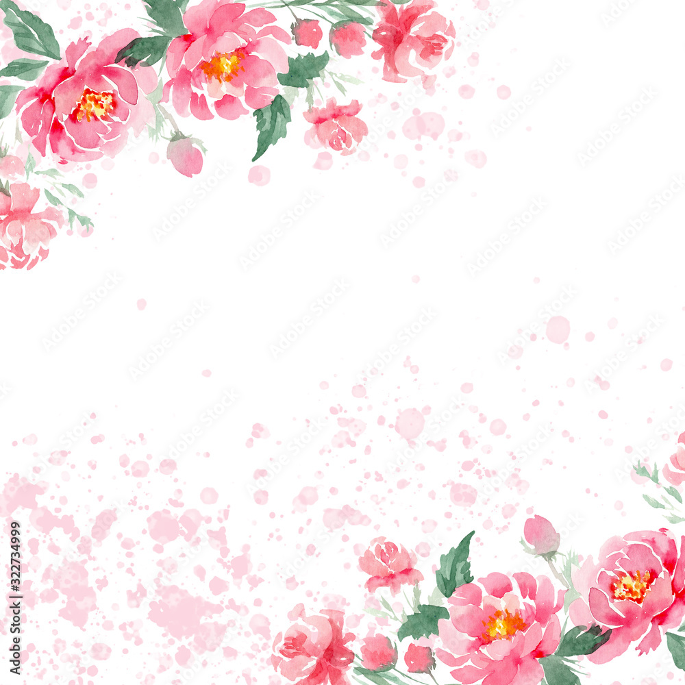 Illustration with watercolor pink peonies on a white background with the words love flowers
