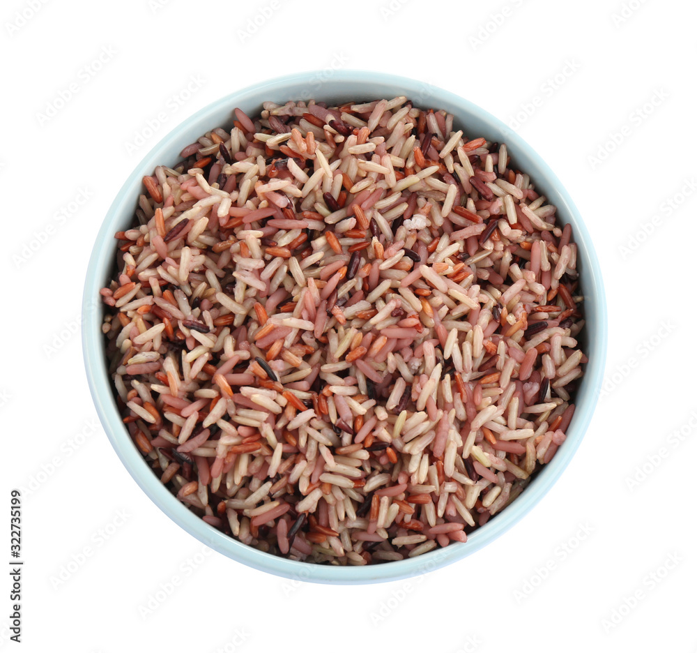 Delicious brown rice in bowl isolated on white, top view Delicious brown rice in bowl isolated on white, top view