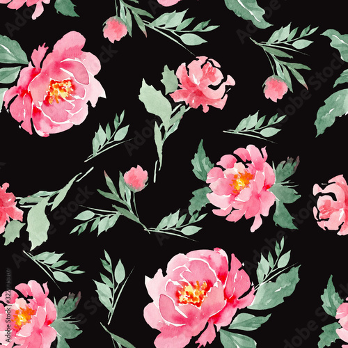Fototapeta Naklejka Na Ścianę i Meble -  Seamless pattern of watercolor pink peonies on a black background. Can be used for backgrounds, prints on fabric, paper.