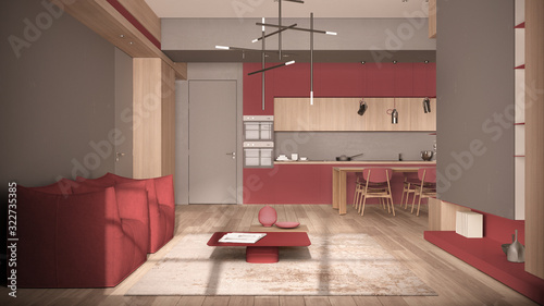 Minimalist living room and kitchen in red tones with wooden and concrete details  dining table with chairs  parquet floor  armchairs  carpet and tables  interior design concept