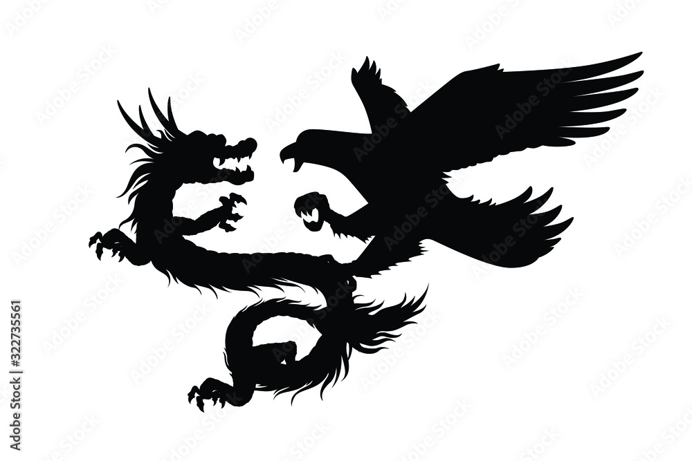 Obraz premium Dragon fights against eagle silhouette vector