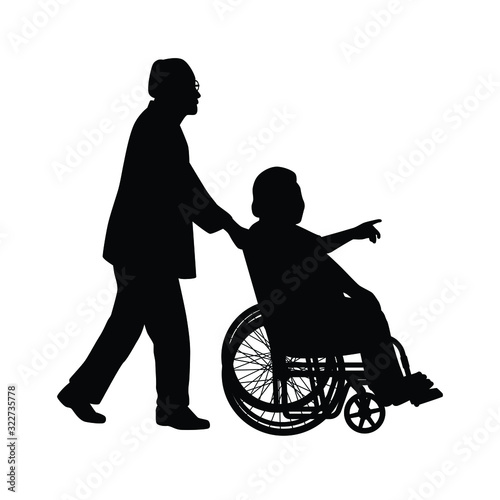 Old man with his wife on wheelchair silhouette vector