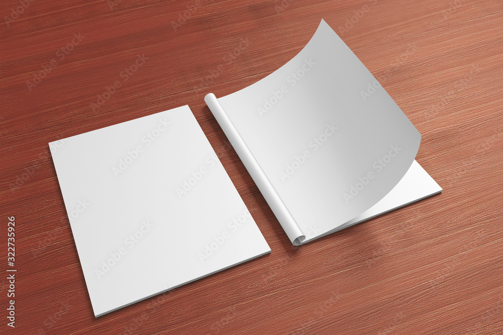 Blank opened portrait Magazine on the wooden Background Blank opened portrait Magazine on the wooden Background
