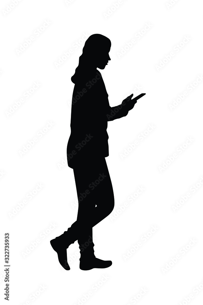 Walking woman with cellphone in hand silhouette vector