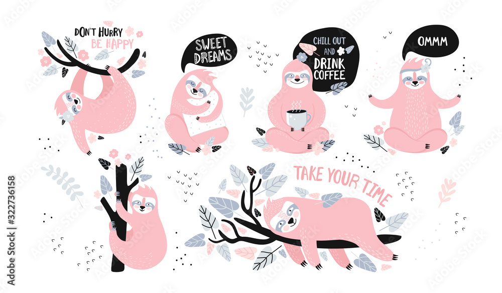 Collection of funny sloths in different postures. Lazy exotic animal sleeping, napping, relaxing on tropical tree branch, meditates and drinks coffee. Cute cartoon character doing daily things. Collection of funny sloths in different postures. Lazy exotic animal sleeping, napping, relaxing on tropical tree branch, meditates and drinks coffee. Cute cartoon character doing daily things.