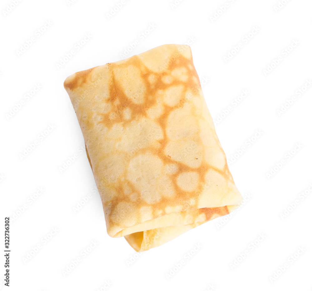 Fototapeta premium Folded fresh thin pancake isolated on white, top view