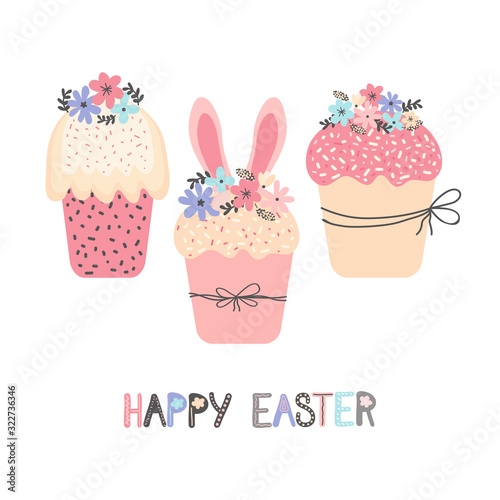 Easter greeting card or banner template with Easter cake and spring flowers. Traditional Easter bread or Kulich. Hand drawn Scandinavian style. Spring flat cartoon vector illustration