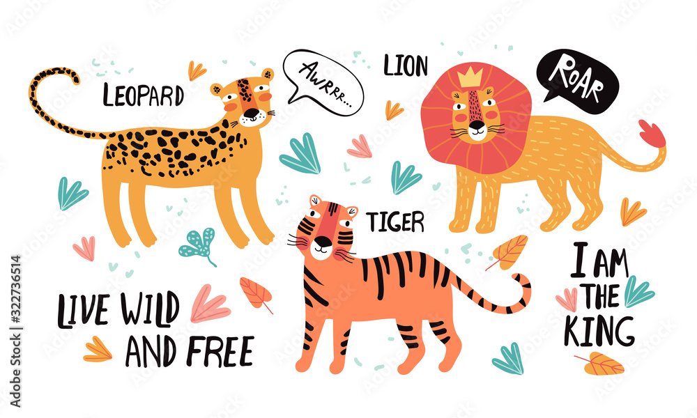 Set of wild cats, leopard, lion, tiger. Flat vector illustration. Wild exotic  animals. Cute animal character idea for printed material and t-shirt,  greeting card, children s wall art, sticker Stock Vector |
