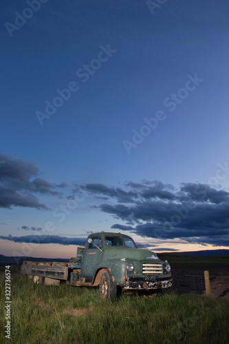 Oldtimer truck at sunset Highway 85 South Island New Zealand