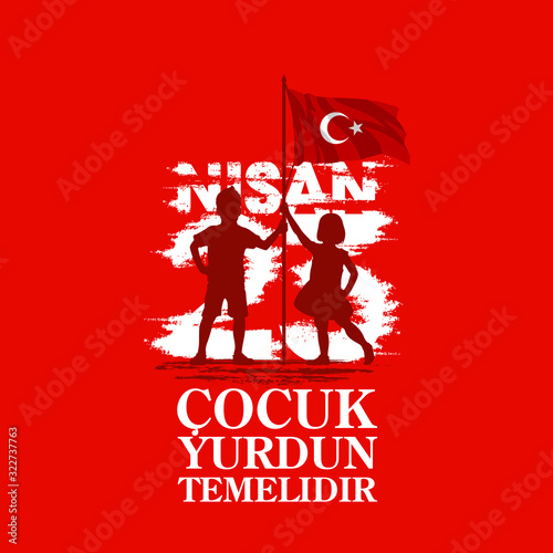 April 23 Turkish national ataturk festival banner cocuk baryrami 23 nisan, tr: April 23 Turkish National Sovereignty and Children's Day, friendship kids silhouette with Turkey flag isolated on red