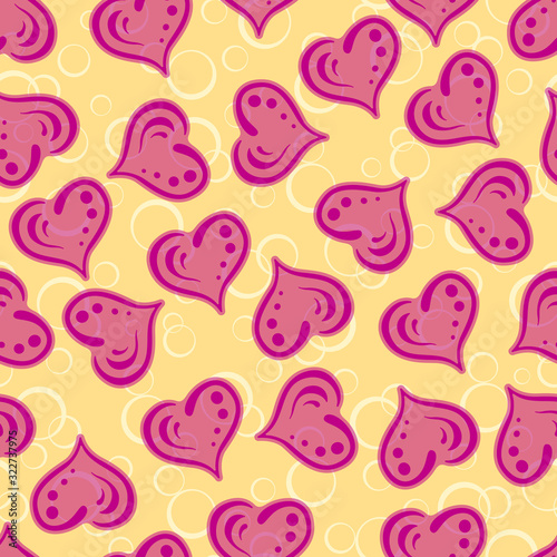Valentine Holiday Seamless Background with Pink Hearts and Rings, Tile Pattern. Vector