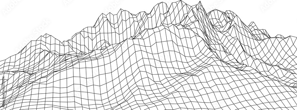 3D Wireframe illustration landscape with Mountains. Abstract grid background. EPS10 Vector