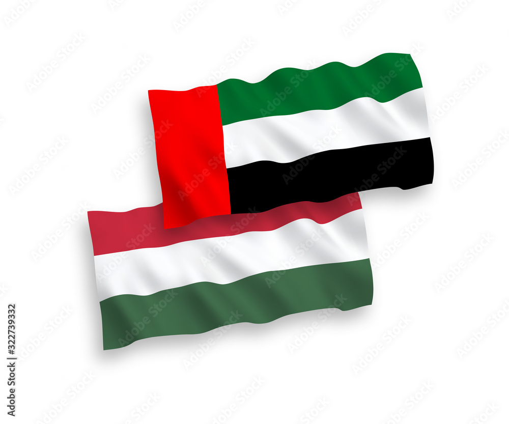 Flags of United Arab Emirates and Hungary on a white background Flags of United Arab Emirates and Hungary on a white background
