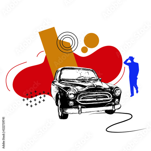 Vector illustration with retro car and abstract modern elements. Next to the car is a silhouette of a man.