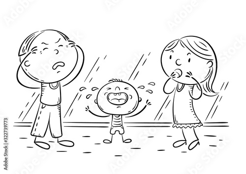 Kid is crying and parents in panic, black and white illustration