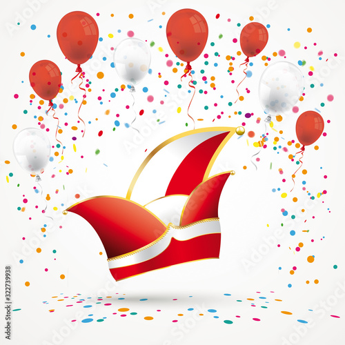 Rotweiße Narrenkappe mit Konfetti und Luftballons