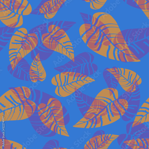 Blue and orange transparent tropical leaves seamless pattern. Wrapping paper, fabric print texture.