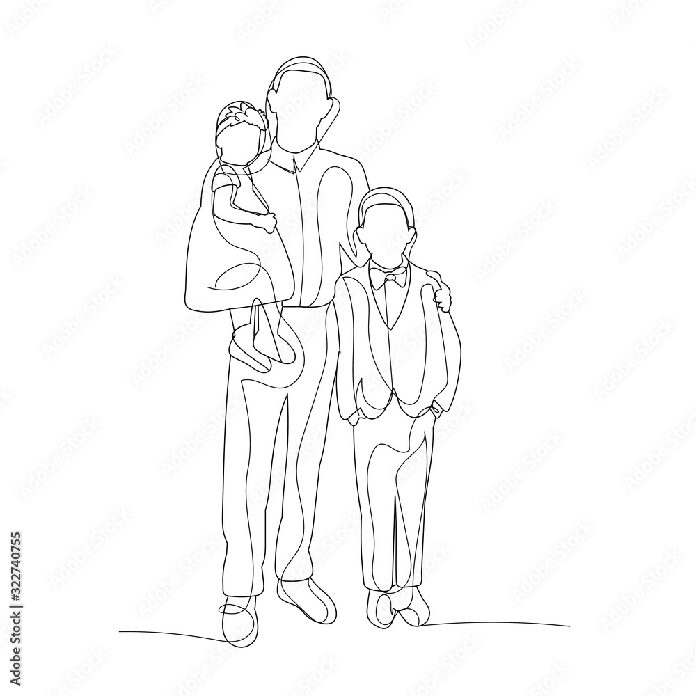 vector, isolated, single line drawing of father and children vector, isolated, single line drawing of father and children