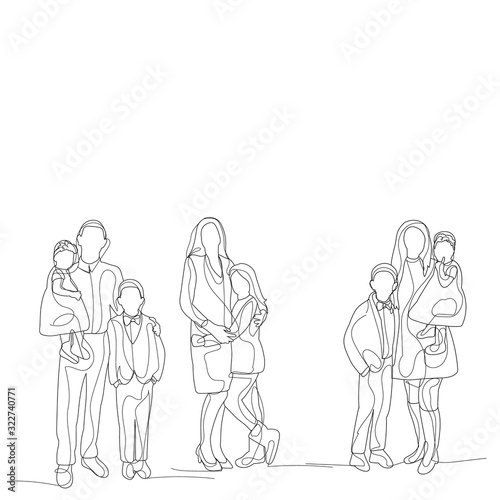 vector, isolated, one line drawing people with children, family