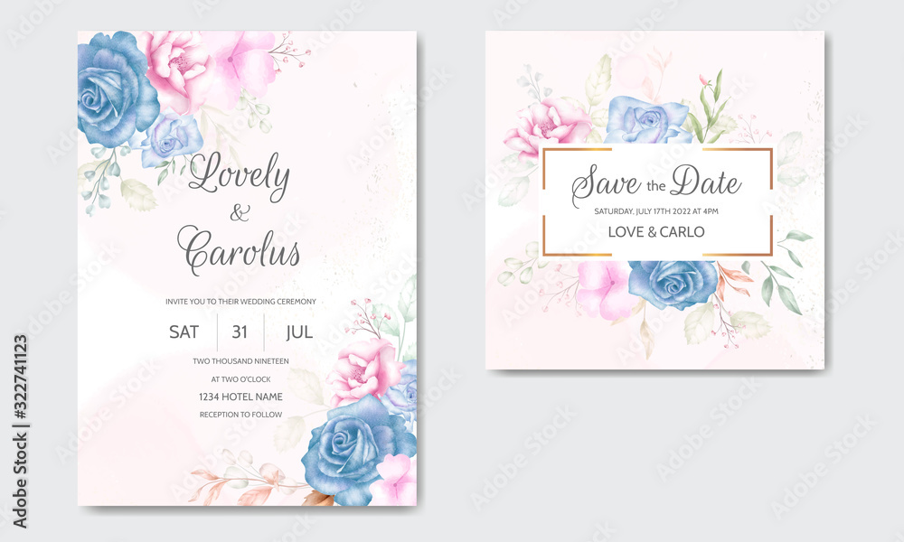 Wedding invitation card set template with beautiful watercolor floral and leaves