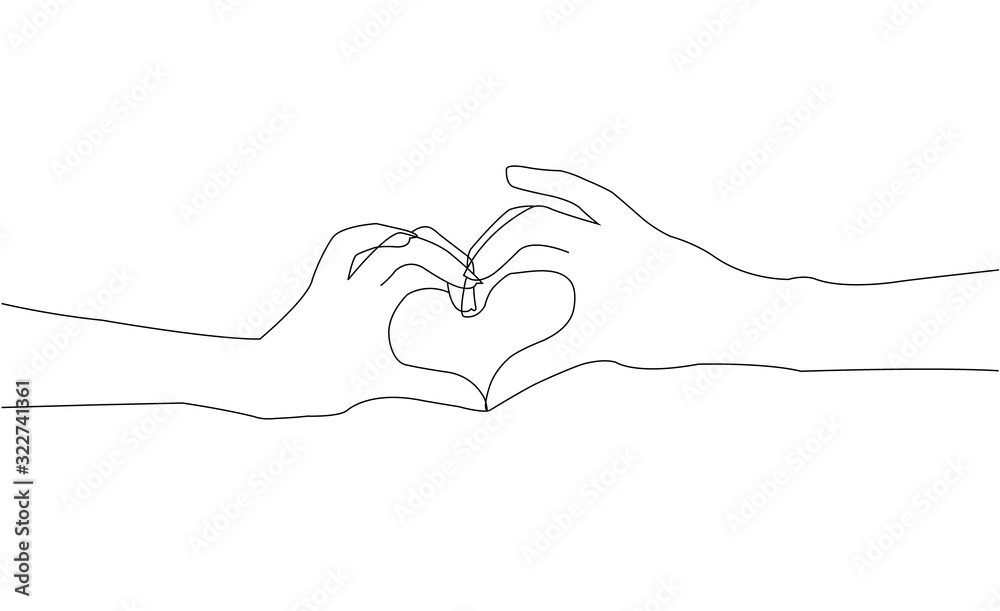 Hands folded in shape of heart, continuous line drawing - obrazy, fototapety, plakaty 