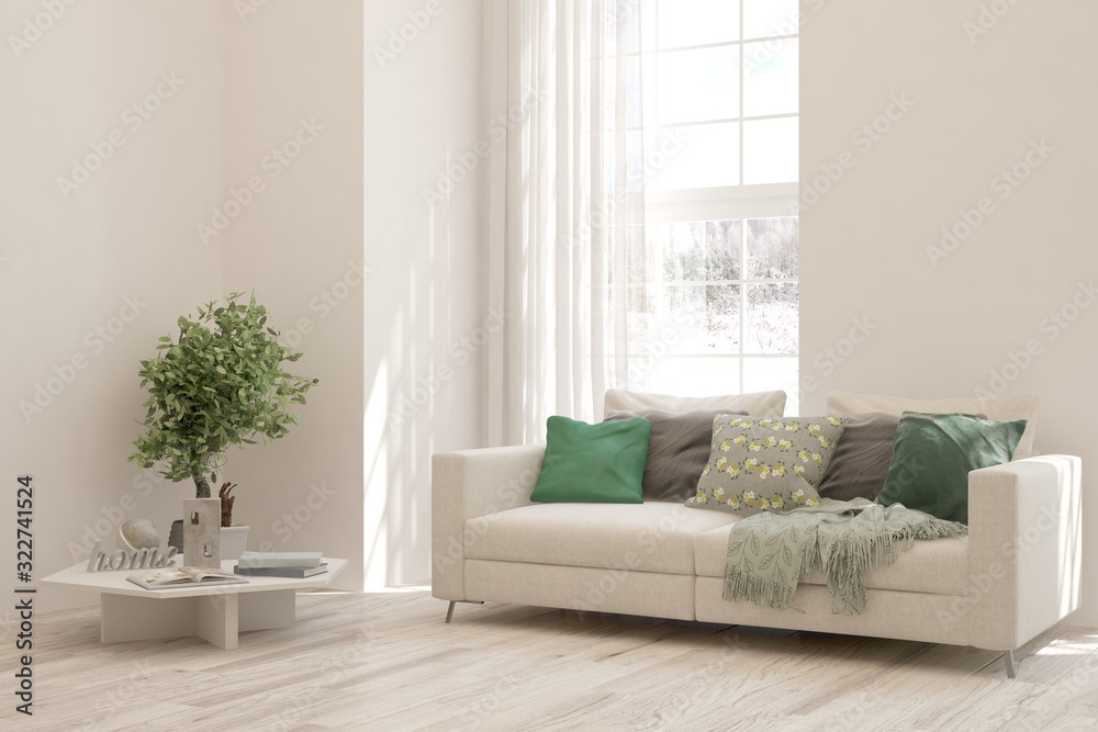 Stylish room in white color with sofa. Scandinavian interior design. 3D illustration Stylish room in white color with sofa. Scandinavian interior design. 3D illustration
