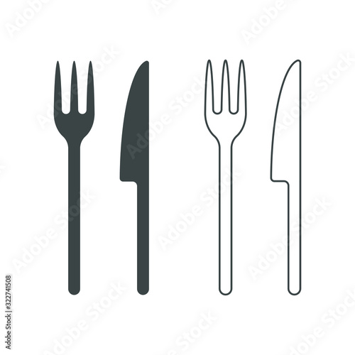 Fork and knife icon symbol set. Simple shape restaurant logo. Food place sign. Black silhouette and outline version. Isolated on white background.