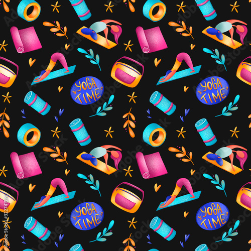 Digital bright colorful illustration of a yoga girl seamless pattern and equipment on a black background. Print for banners, posters, cards, invitations, fabrics, wrapping paper, web design. photo