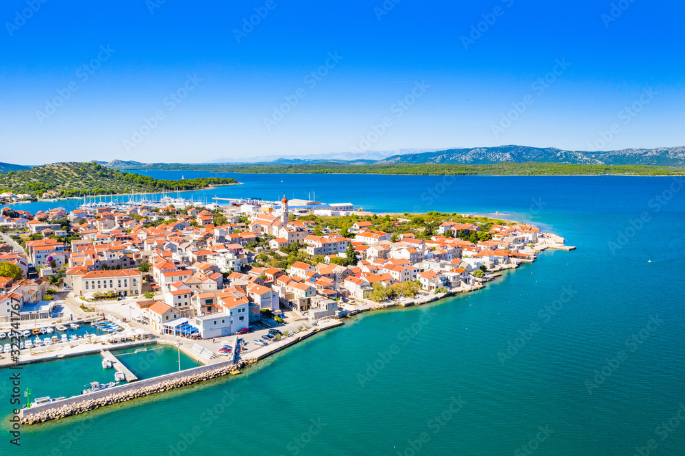 Croatia, Adriatic coastline, beautiful seascape on island of Murter and town of Betina from air, popular touristic destination