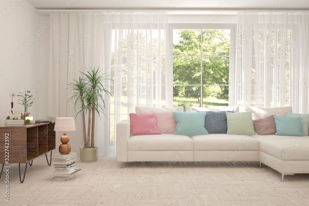 Stylish room in white color with sofa and summer landscape in window. Scandinavian interior design. 3D illustration Stylish room in white color with sofa and summer landscape in window. Scandinavian interior design. 3D illustration