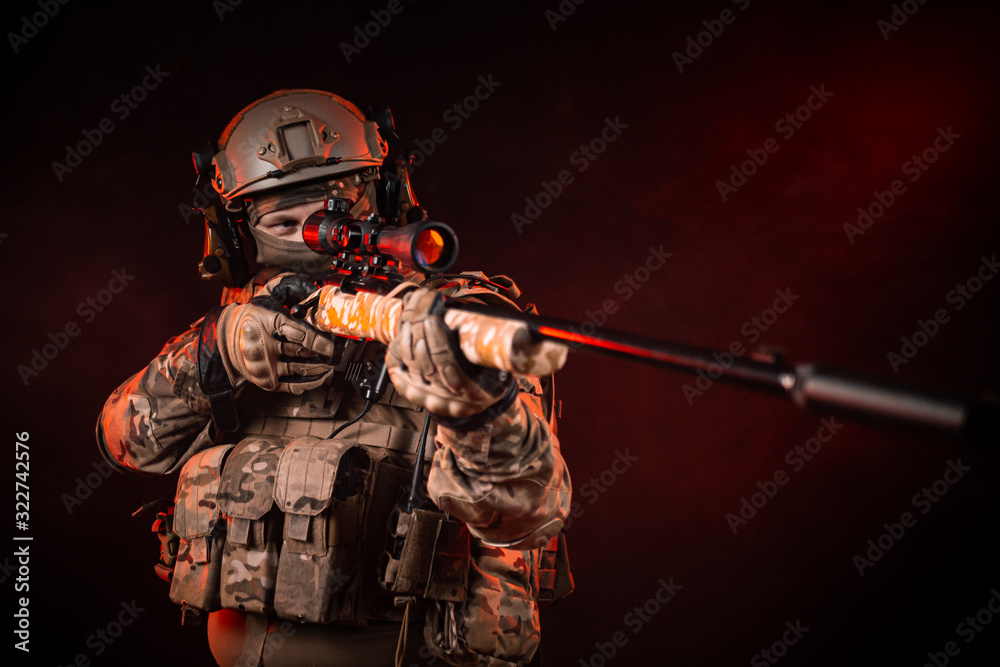 special forces soldier in a helmet with a sniper rifle Stock Photo ...