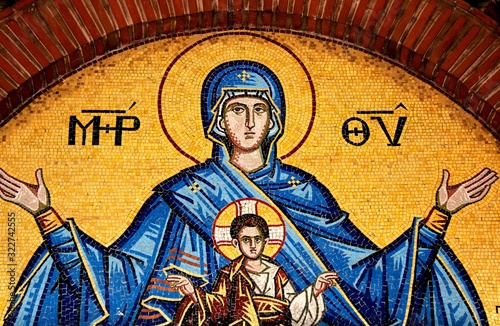 Mosaic showing Virgin Mary and Jesus Christ outside of Christian orthodox church in Athens, Greece	 photo